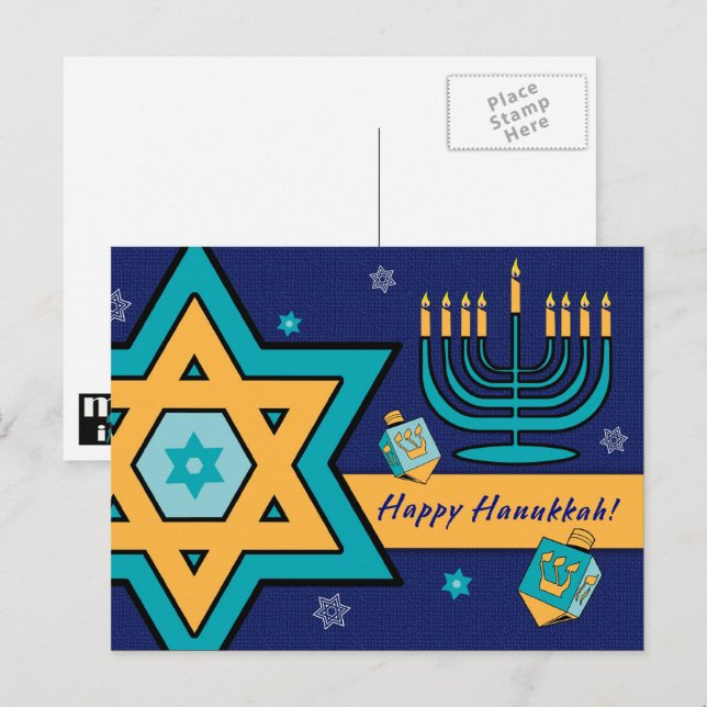 Cartão Postal De Festividades Feliz Hanukkah. Estrela de David, Menorah, Dreidel (Frente/Verso)