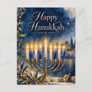 Cartão Postal De Festividades Feliz Hanukkah Menorá Azul e Dourado Aquarela