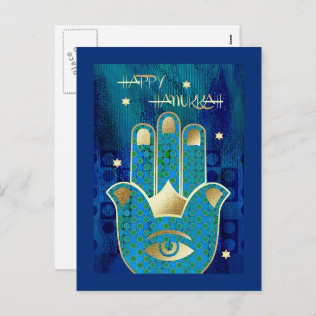 Cartão Postal De Festividades Feliz Hanukkah. Símbolo Dourado da Mão Hamsa (Frente/Verso)