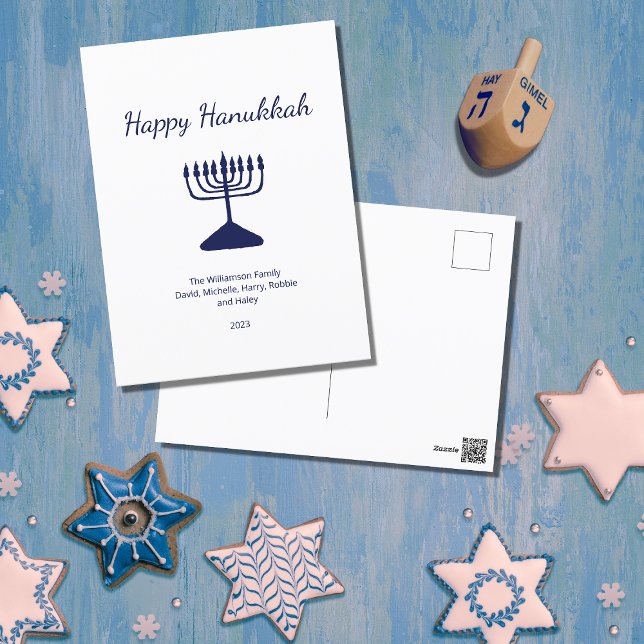 Cartão Postal De Festividades Feliz Hanukkah Simple Blue Menorah (Criador carregado)