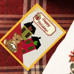 Cartão Postal De Festividades Feliz Holidays Teddy Bear Heart Homes Retro