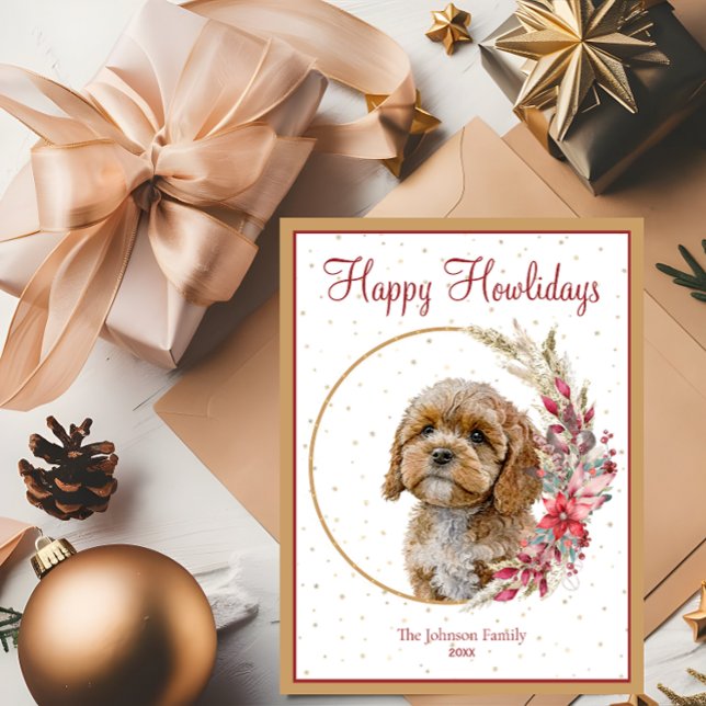 Cartão Postal De Festividades Feliz Howlidays Cachorro de Cavapoo (Criador carregado)