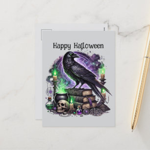 Cartão Postal De Festividades Feliz livro de feitiços de corvo do Halloween