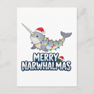 Cartão Postal De Festividades Feliz Narwhalmas Usando um Chapéu de Papai Noel Na