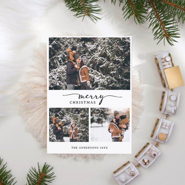 Cartão Postal De Festividades Feliz Natal 3 Fotos Collage Script Moderno (Criador carregado)