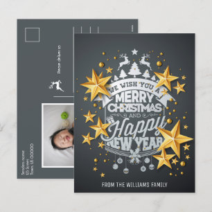 Cartão Postal De Festividades Feliz Natal Ano Novo Foto Deseja Estrelas Douradas