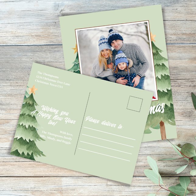 Cartão Postal De Festividades Feliz Natal Aquarela Árvores de Natal (With return address, greeting, and "please deliver to" on the backside. )