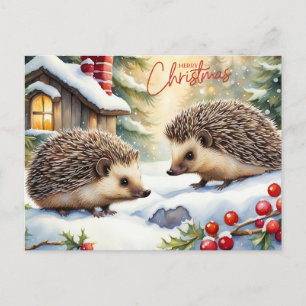 Cartão Postal De Festividades Feliz Natal Aquarelas Hedgehogs na Floresta