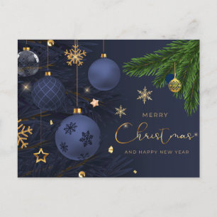 Cartão Postal De Festividades Feliz Natal Azul, Enfeites Dourados