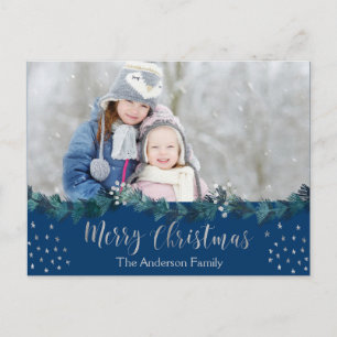 Cartão Postal De Festividades Feliz Natal Blue e Silver Foto das Estrelas de Fol