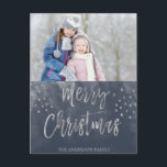 Cartão Postal De Festividades Feliz Natal Blue e Silver Watercolor Foto<br><div class="desc">Feliz Cartões de foto de Natal Azul de Natal e Silver Watercolor. A imagem e o nome da família podem ser substituídos no indigo e no Cartão de Natal Merry Christmas.</div>