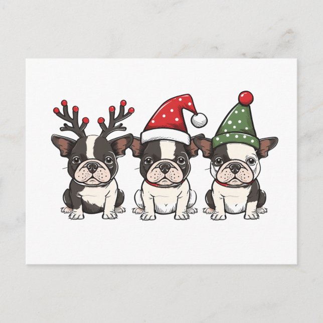 Cartão Postal De Festividades Feliz Natal - Boston Terrier Dogs (Frente)