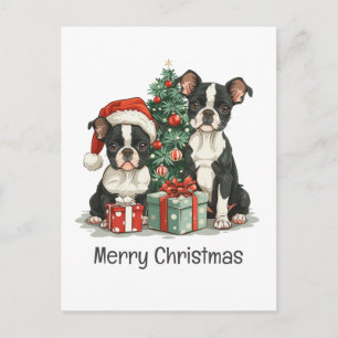 Cartão Postal De Festividades Feliz Natal - Boston Terrier Dogs