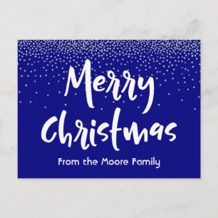 Cartão Postal De Festividades Feliz Natal Branco sobre Marinho e Silver Confetti