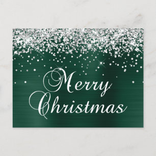 Cartão Postal De Festividades Feliz Natal Brilho Prata Pinheiro Verde Folha