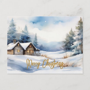 Cartão Postal De Festividades Feliz Natal Cabine na paisagem nevada