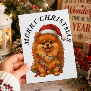 Cartão Postal De Festividades Feliz Natal Cachorro Pomerânia Fofo Chapéu de Papa