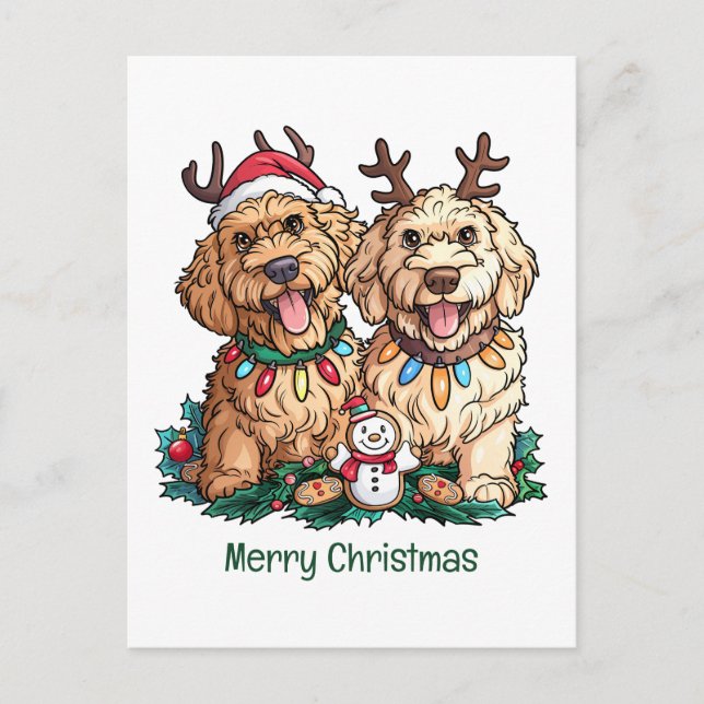Cartão Postal De Festividades Feliz Natal Cachorros de Goldendoodle (Frente)