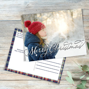 Cartão Postal De Festividades Feliz Natal Caligrafia Script Xadrez Azul Marinho