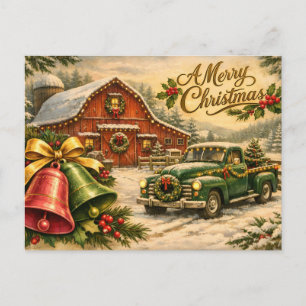 Cartão Postal De Festividades Feliz Natal Caminhão Antigo, Celeiro e Sinos
