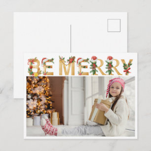 Cartão Postal De Festividades Feliz Natal Chic Letras Douradas Foto da Família