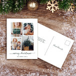 Cartão Postal De Festividades Feliz Natal | Colagem de Fotografias Moderna<br><div class="desc">Este cartão postal de feriado simples, mas ultra moderno, apresenta quatro das suas fotografias pessoais favoritas numa grelha de fotografias de aparência única e em camadas. O design da carta verde e branca da floresta diz "natal alegre" em tipografia elegante e tradicional escrita manuscrita, e tem um lugar para o...</div>