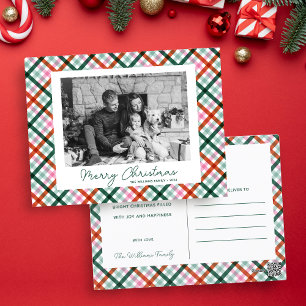 Cartão Postal De Festividades Feliz Natal com Foto da Família em Xadrez Moderno