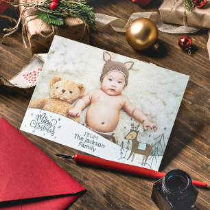 Cartão Postal De Festividades Feliz Natal com foto, neve e renas