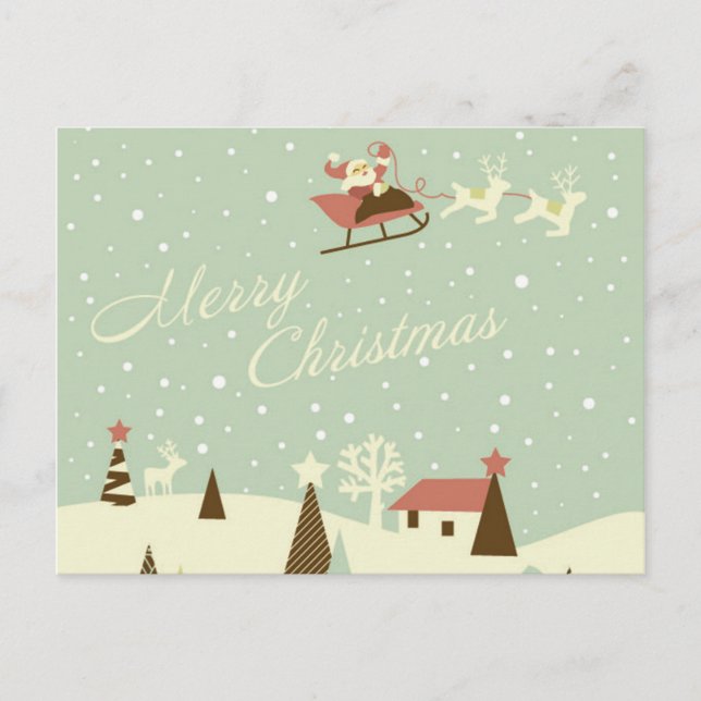 Cartão Postal De Festividades Feliz Natal com Papai Noel, Rudolfs, na neve (Frente)