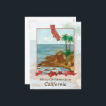 Cartão Postal De Festividades Feliz Natal da California Beach Palm Trees<br><div class="desc">Feliz Natal da Califórnia com uma ilustração aquática de uma praia no inverno com palmeiras e ondas suaves atingindo a orla costeira acentuadas com um ramo de bagas de inverno e a forma estadual pintada com aquarela. Excelente modo de enviar desejos de feriado para amigos, familiares, amigos canetas, clientes ou...</div>