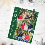 Cartão Postal De Festividades Feliz Natal da Colagem de Fotos da Família Green 3<br><div class="desc">Cartaz de colagem de fotos verde de Natal moderno com 3 fotografias da família em um padrão de instantâneos divertido que se sobrepõe à borda branca e a palavra Joyful escrita verticalmente ao lado. Encontre suas três fotos favoritas para estes cartões postais de feriado da família.</div>