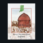 Cartão Postal De Festividades Feliz Natal da Fazenda de Indiana Barn Winter<br><div class="desc">Feliz Natal de Indiana com uma ilustração aquática de um celeiro de telhado arquitetado em uma paisagem nevada com plantas de inverno deslumbrantes acentuadas com a forma estadual pintada com aquarela. Excelente modo de enviar desejos de feriado para amigos,  familiares,  amigos canetas,  clientes ou clientes.</div>