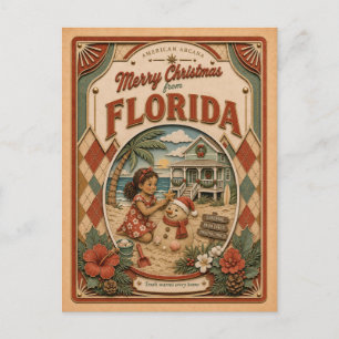 Cartão Postal De Festividades Feliz Natal da Flórida Globo de Neve Vintage