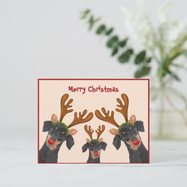 Cartão Postal De Festividades Feliz Natal Dachshund Reindeer Red Dogues (Em pé/Frente)