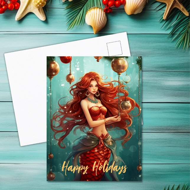 Cartão Postal De Festividades Feliz Natal das Férias da Linda Sereia (Beautiful Mermaid Happy Holidays Christmas Holiday Postcard)