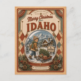Cartão Postal De Festividades Feliz Natal de Idaho Globo de Neve Vintage