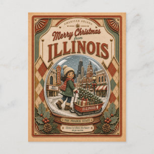 Cartão Postal De Festividades Feliz Natal de Illinois Globo de Neve Vintage