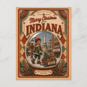 Cartão Postal De Festividades Feliz Natal de Indiana Globo de Neve Vintage