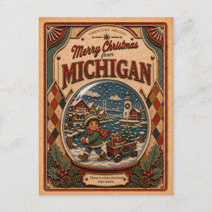 Cartão Postal De Festividades Feliz Natal de Michigan Globo de Neve Antigo