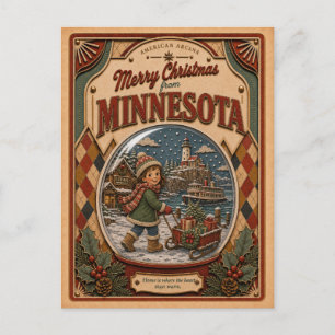Cartão Postal De Festividades Feliz Natal de Minnesota Globo de Neve Antigo
