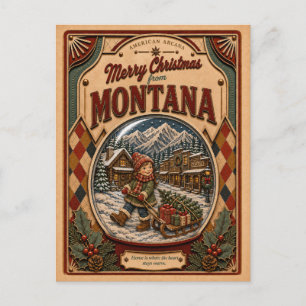 Cartão Postal De Festividades Feliz Natal de Montana Globo de Neve Antigo