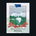 Cartão Postal De Festividades Feliz Natal de Montana Winter Snow Landscape<br><div class="desc">Saudações de Feliz Natal de Montana apresentando uma aquarela de inverno ilustrando montanhas cobertas de neve, densas florestas verdes e nuvens de tempestade, acentuadas com galhos de winterberry vermelha e a forma estadual pintada com aquarela. Excelente modo de enviar desejos de feriado para amigos, familiares, amigos canetas, clientes ou clientes....</div>