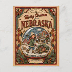 Cartão Postal De Festividades Feliz Natal de Nebraska Globo de Neve Antigo