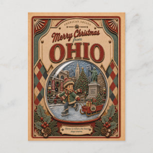 Cartão Postal De Festividades Feliz Natal de Ohio Globo de Neve Vintage