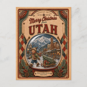 Cartão Postal De Festividades Feliz Natal de Utah Globo de Neve Vintage