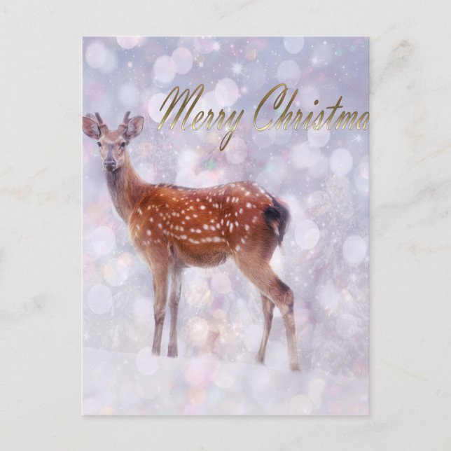 Cartão Postal De Festividades Feliz Natal Deer Amigos na Neve (Frente)