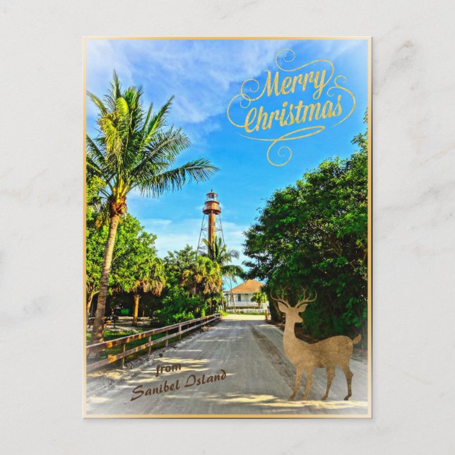Cartão Postal De Festividades Feliz Natal do Farol FL da Ilha Sanibel (Frente)
