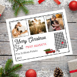 Cartão Postal De Festividades Feliz Natal do Feriado Fotográfico do Alabama<br><div class="desc">Design do estado russo "Feliz Natal" com um esboço do estado sobreposto com um padrão preto e branco de controlo de búfalos e um caminhão vintage parece vermelho arrastando uma árvore de férias. A legenda editável diz "Feliz Natal Y'all do Alabama". Basta adicionar suas três fotos de família, seu nome...</div>