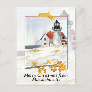 Cartão Postal De Festividades Feliz Natal do Massachusetts Lighthouse Snow