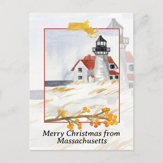 Cartão Postal De Festividades Feliz Natal do Massachusetts Lighthouse Snow (Frente)